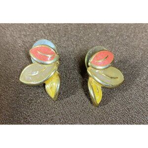 Autumn Enamel & Gold-Tone Leaf Earrings Tear Drop Stud Orange Tan Yellow 1" USA